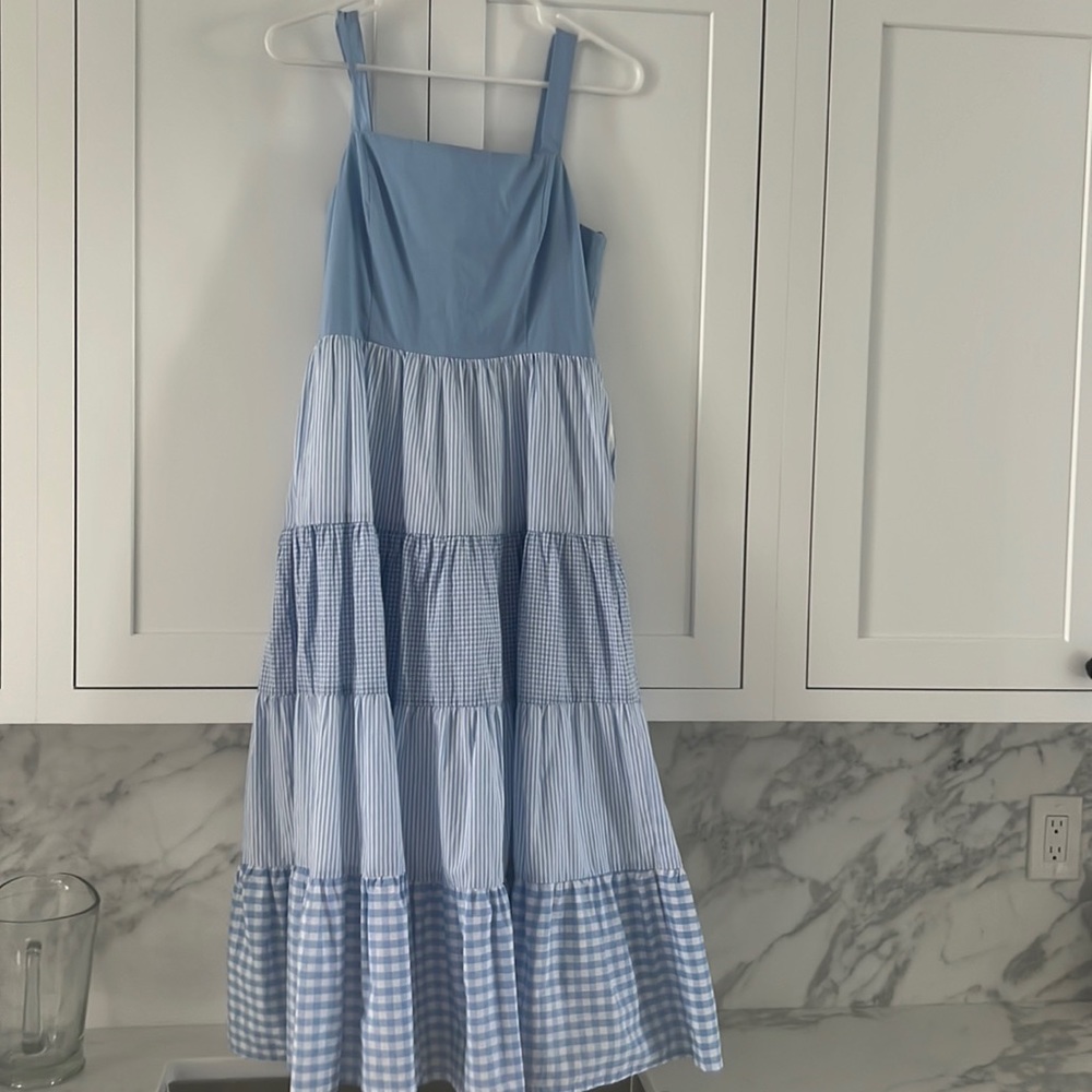 English Factory Blue Stripe and Gingham Cotton Midi Sundress Size Small